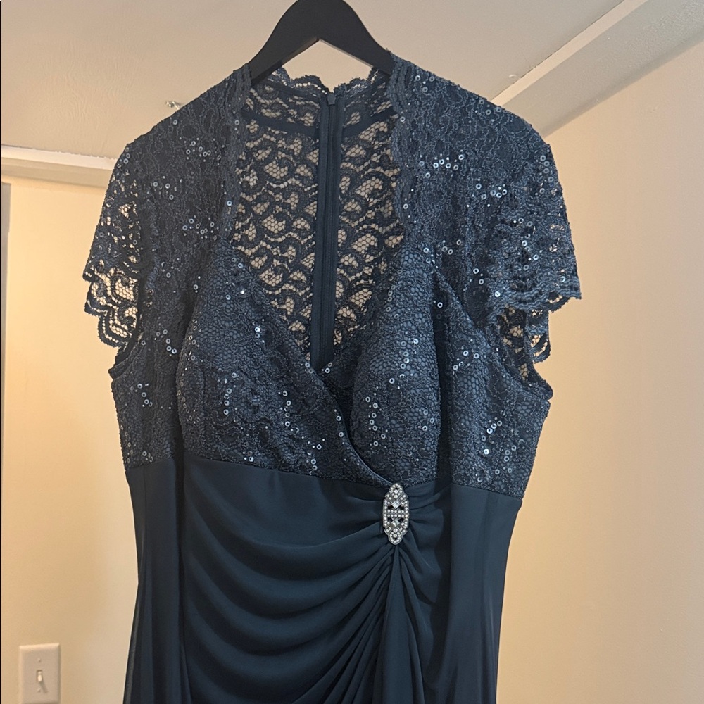 Navy Lace & Sequin Evening Dress with Embellished Waist